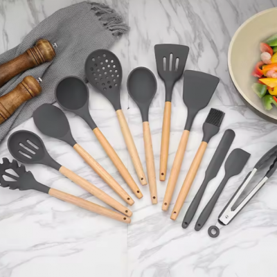Silicone Kitchen Cooking Utensils Heat Resistant Non Stick Kitchenware Spatula Utensils Set With Wooden Handle